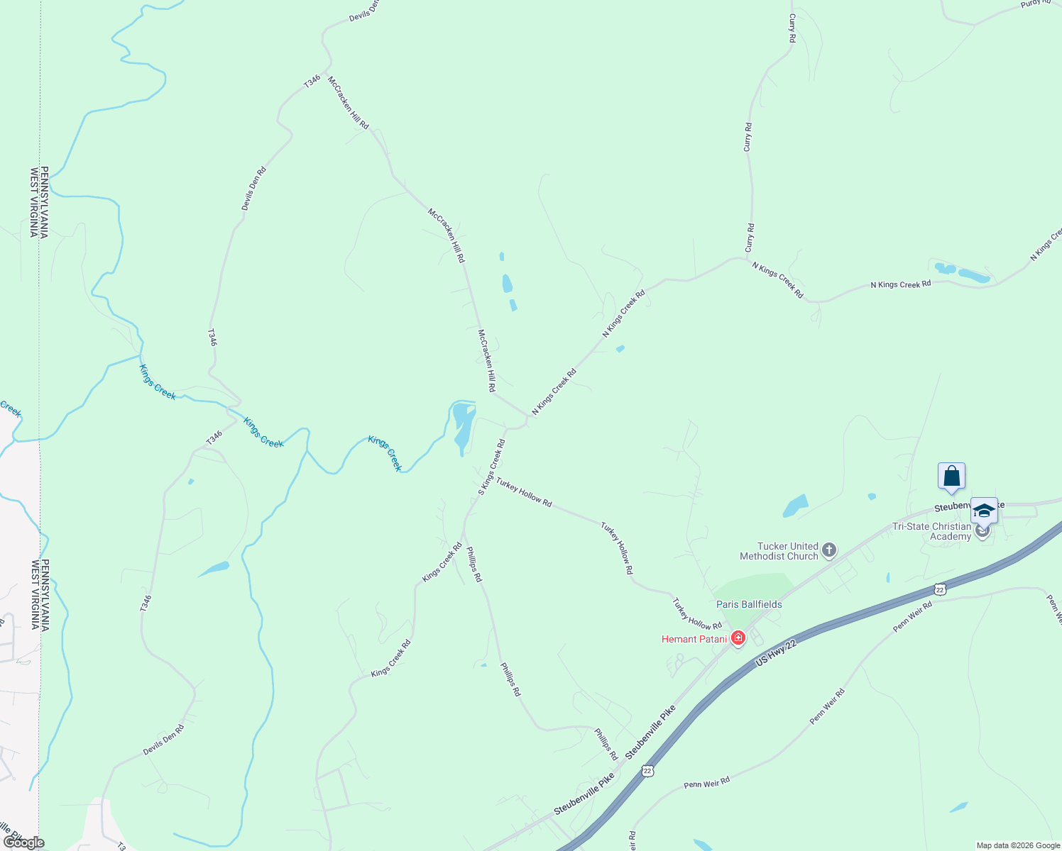 map of restaurants, bars, coffee shops, grocery stores, and more near 18 North Kings Creek Road in Burgettstown