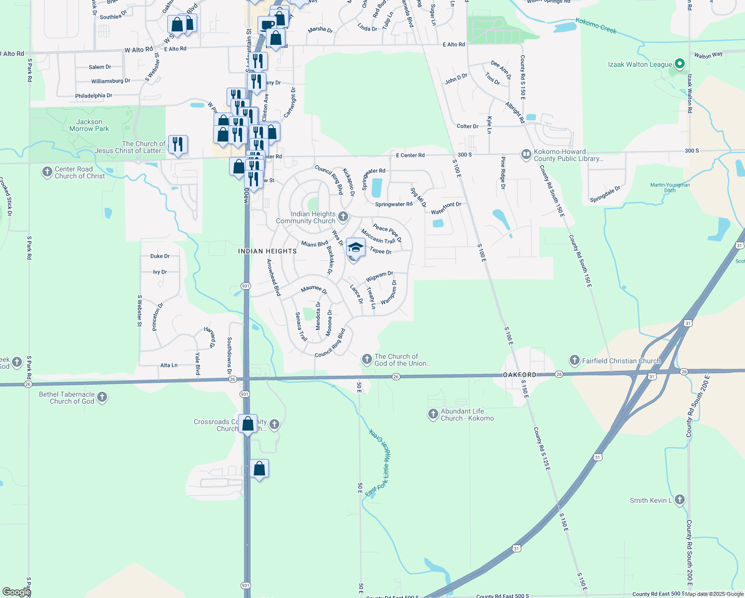 map of restaurants, bars, coffee shops, grocery stores, and more near Treaty Lane in Kokomo