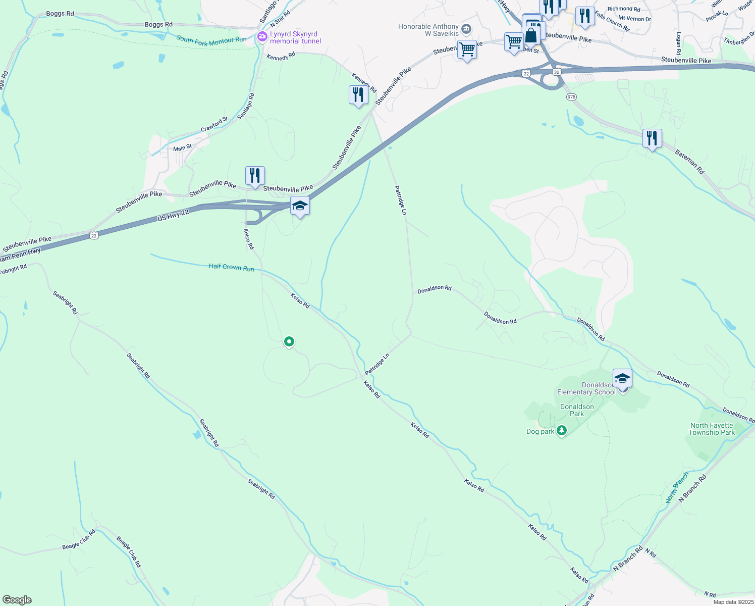 map of restaurants, bars, coffee shops, grocery stores, and more near 160 Pattridge Lane in McDonald