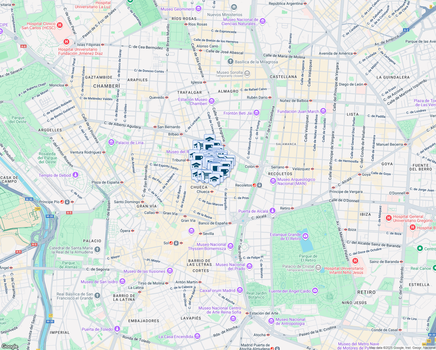 map of restaurants, bars, coffee shops, grocery stores, and more near 16 Calle de San Mateo in Madrid