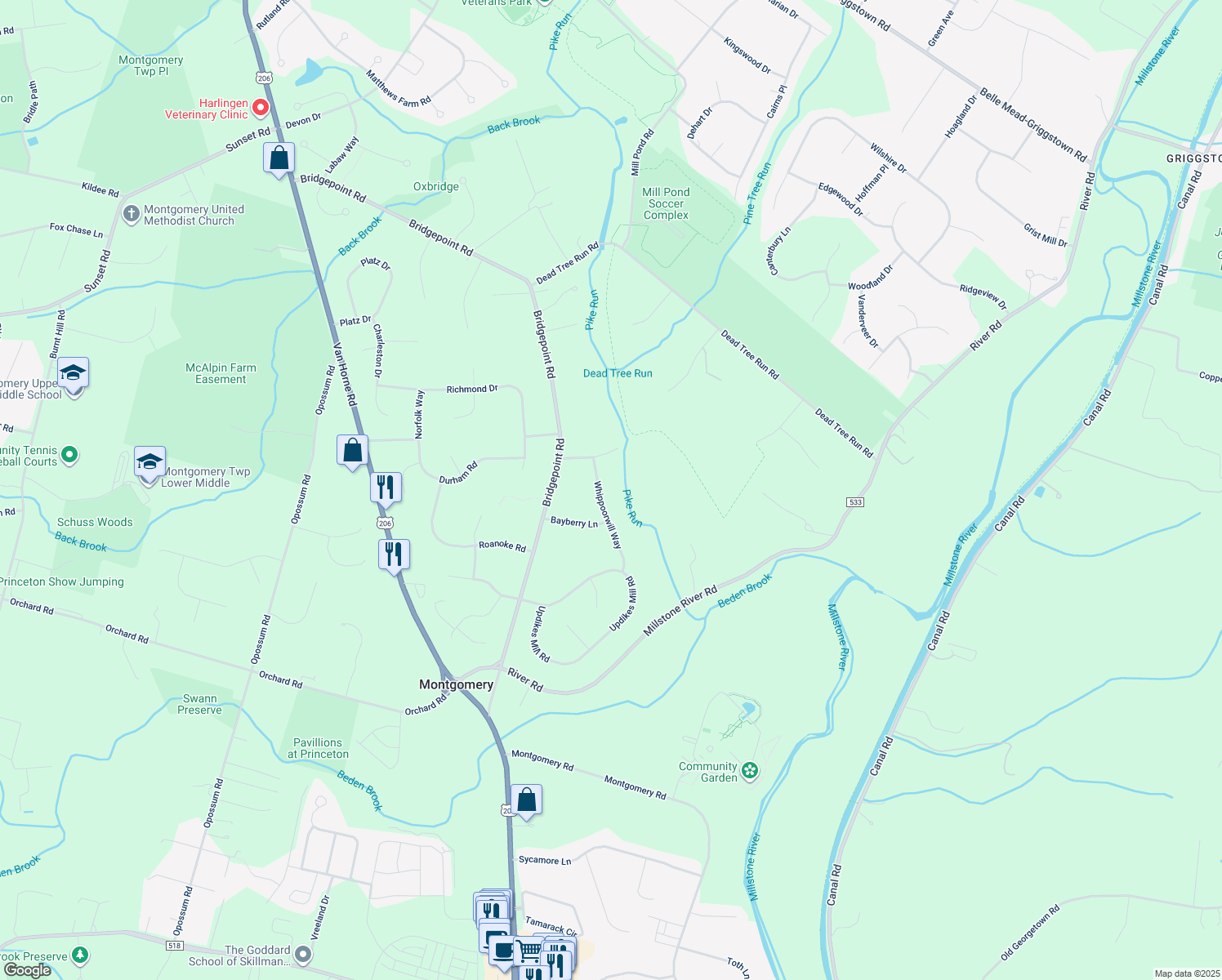 map of restaurants, bars, coffee shops, grocery stores, and more near 19 Whippoorwill Way in Montgomery