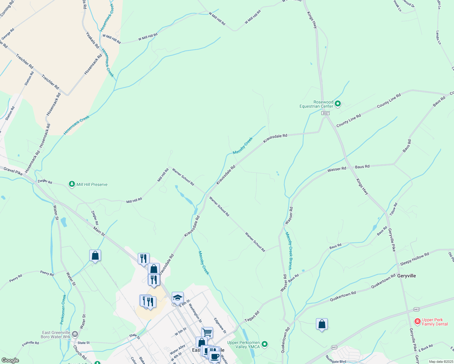 map of restaurants, bars, coffee shops, grocery stores, and more near 2094 Kraussdale Rd in East Greenville
