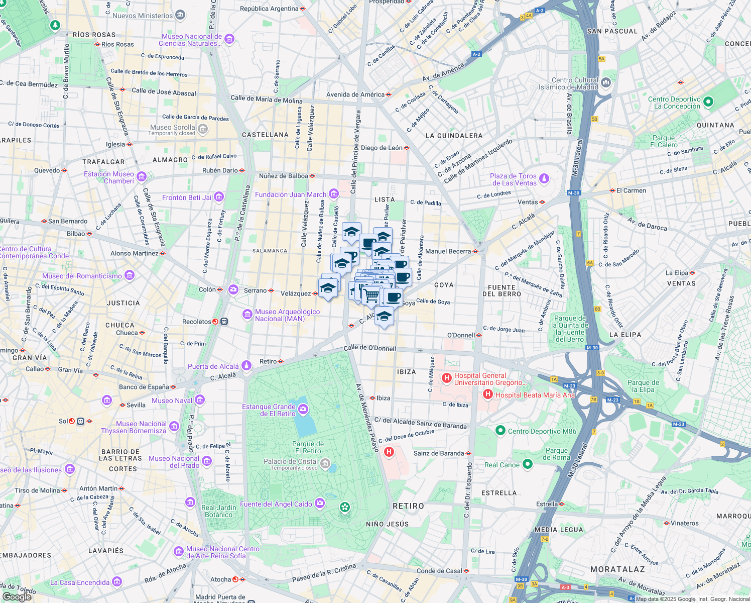 map of restaurants, bars, coffee shops, grocery stores, and more near 58 Calle de Goya in Madrid