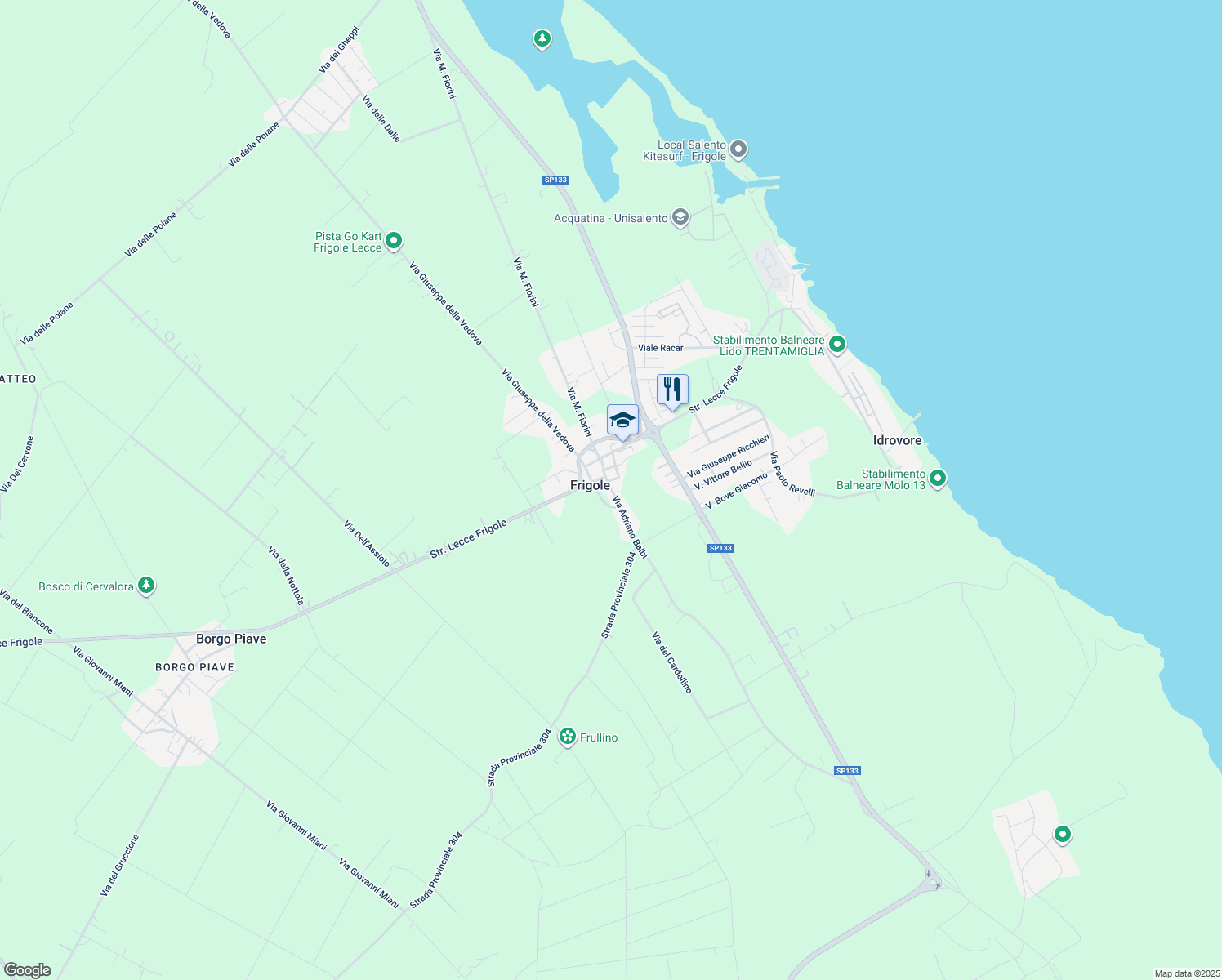 map of restaurants, bars, coffee shops, grocery stores, and more near 10 Via Adriano Balbi in Frigole