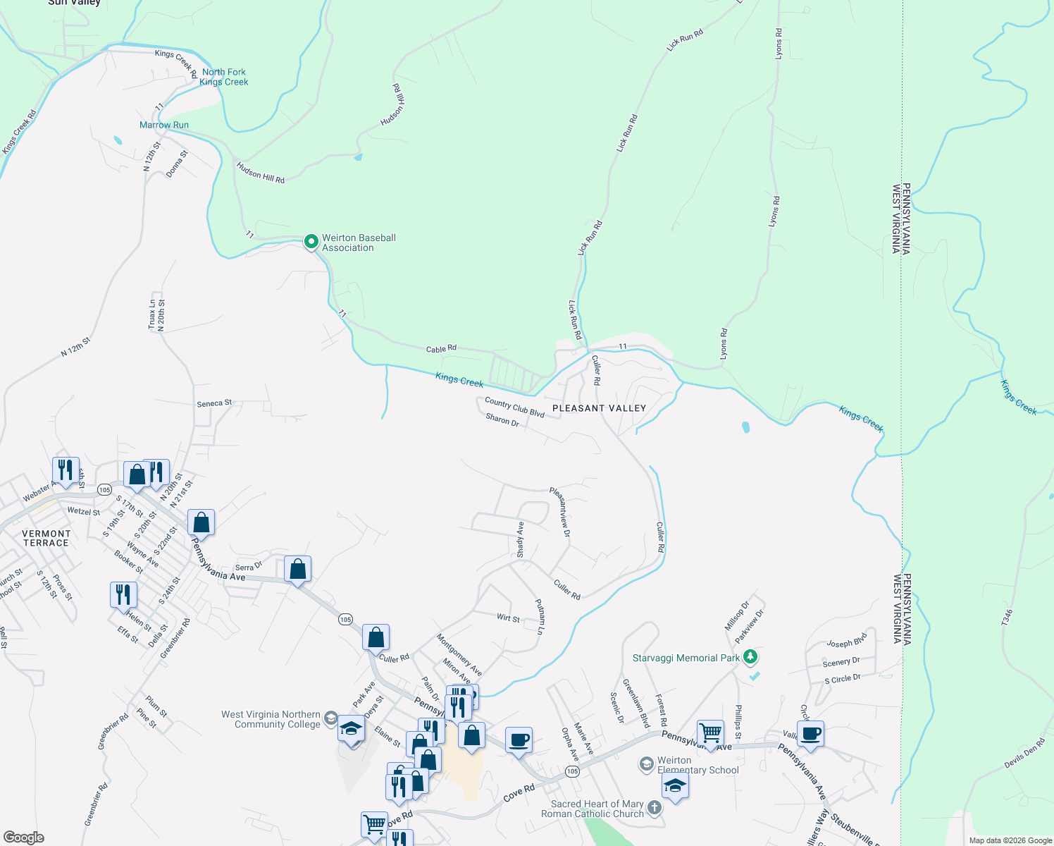 map of restaurants, bars, coffee shops, grocery stores, and more near 133 Sharon Drive in Weirton