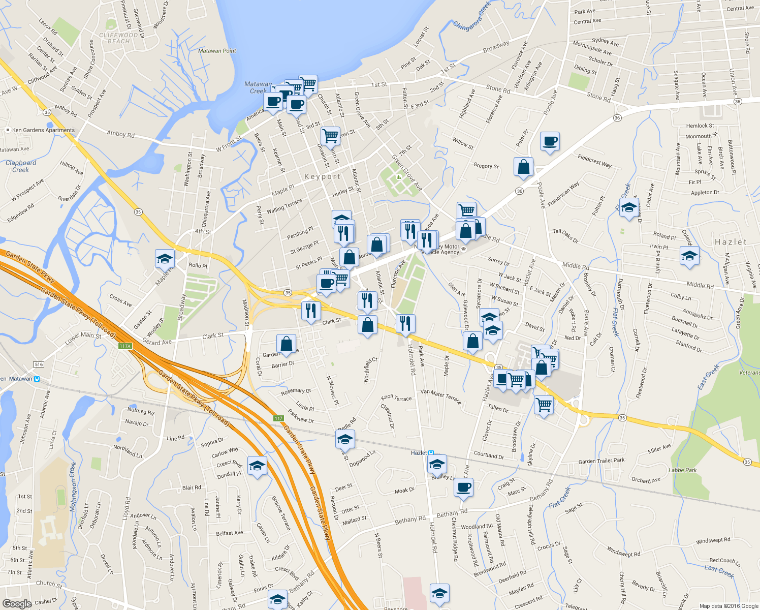 map of restaurants, bars, coffee shops, grocery stores, and more near 466 Main Street in Keyport