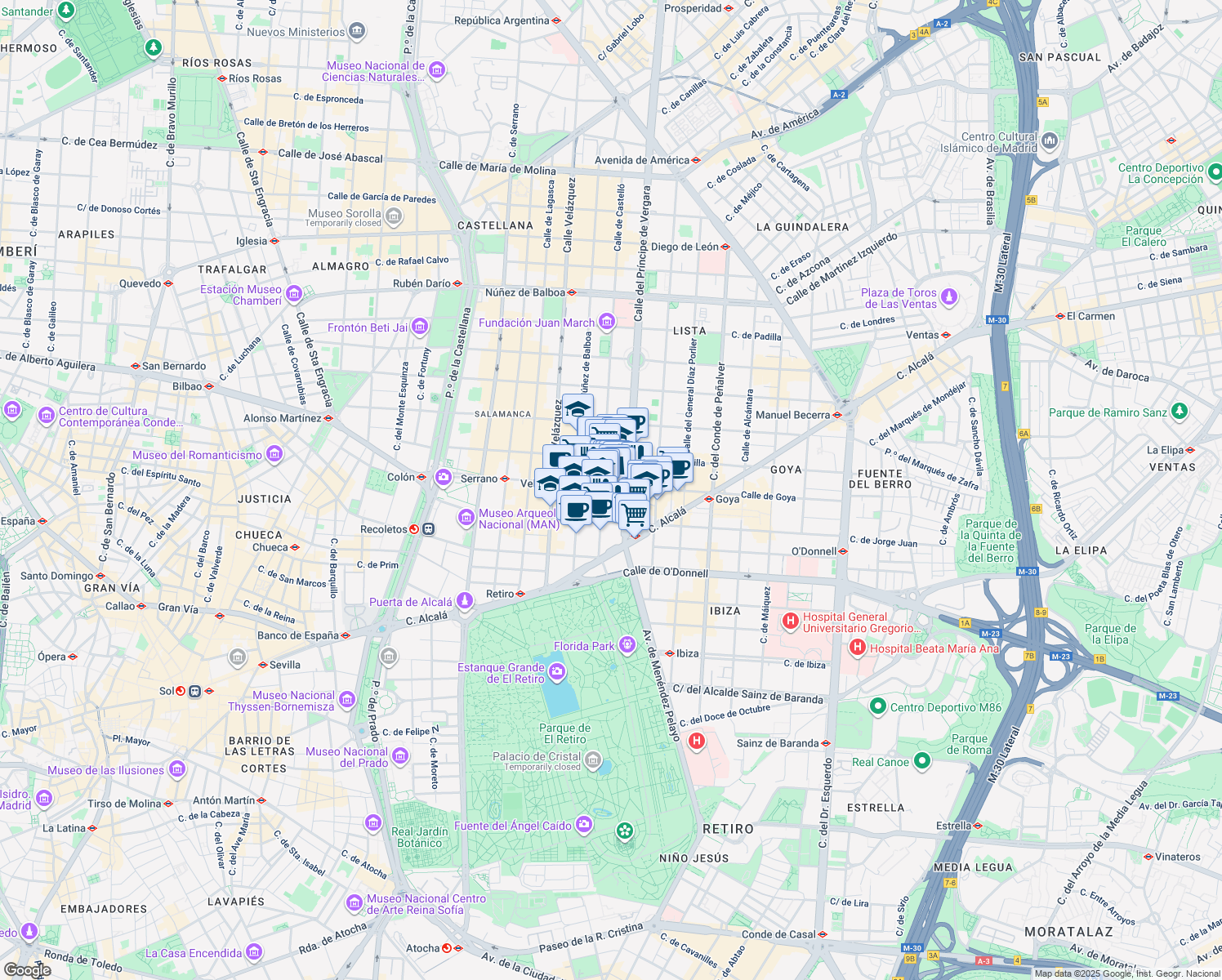 map of restaurants, bars, coffee shops, grocery stores, and more near 36 Calle de Goya in Madrid