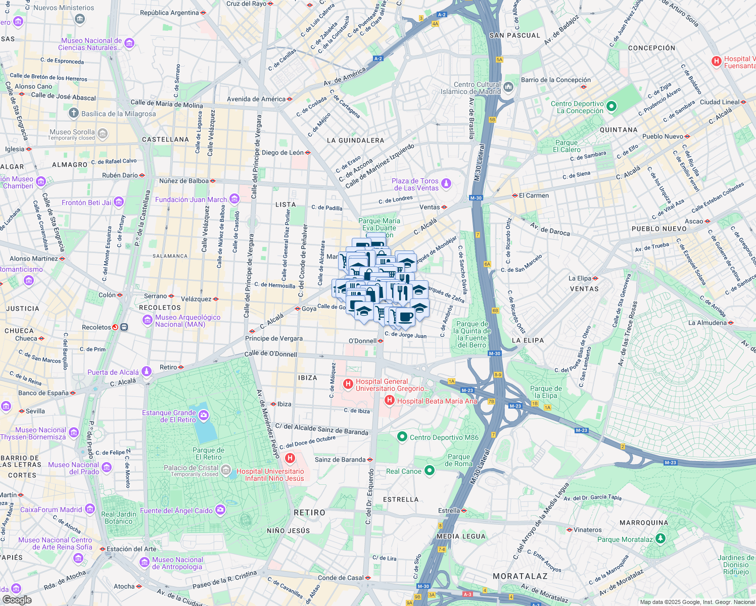 map of restaurants, bars, coffee shops, grocery stores, and more near 17 Calle del Jardín de San Federico in Madrid