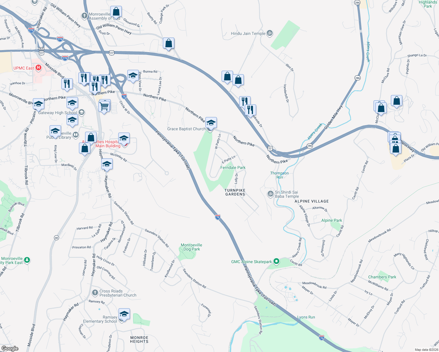 map of restaurants, bars, coffee shops, grocery stores, and more near 208 E Patty Ln in Monroeville
