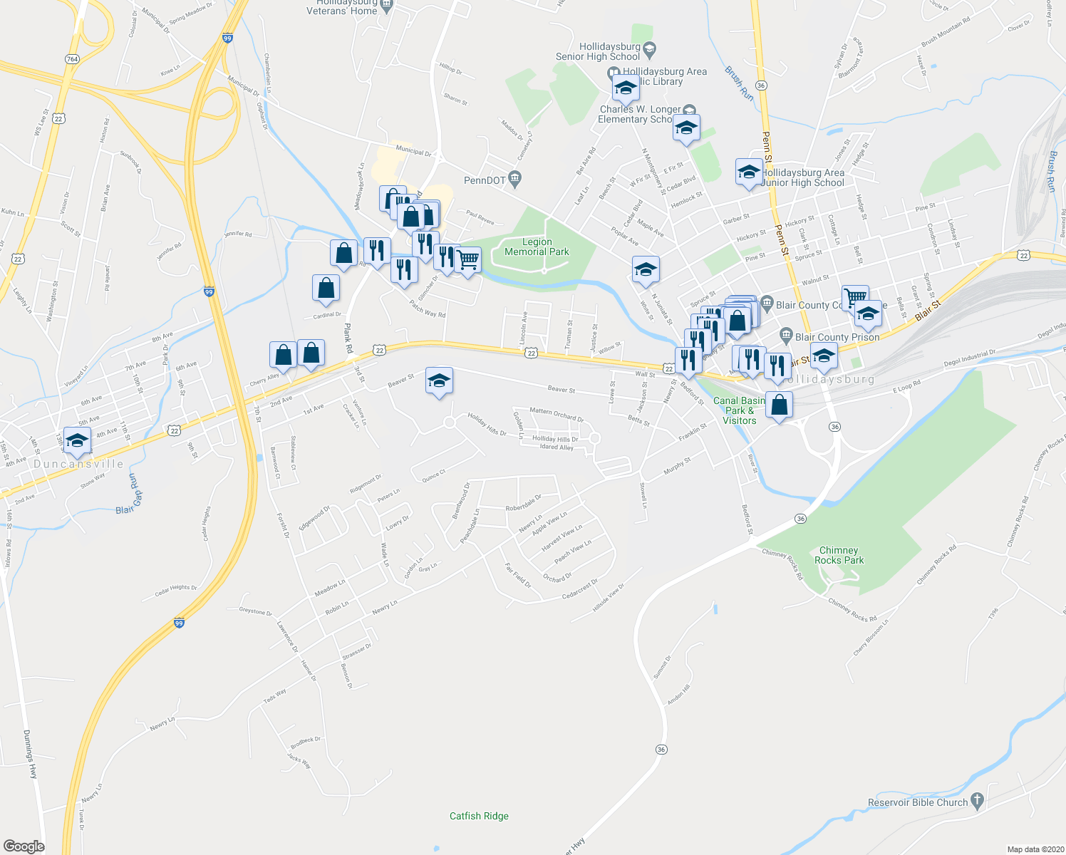 map of restaurants, bars, coffee shops, grocery stores, and more near 503 Baldwin Lane in Hollidaysburg