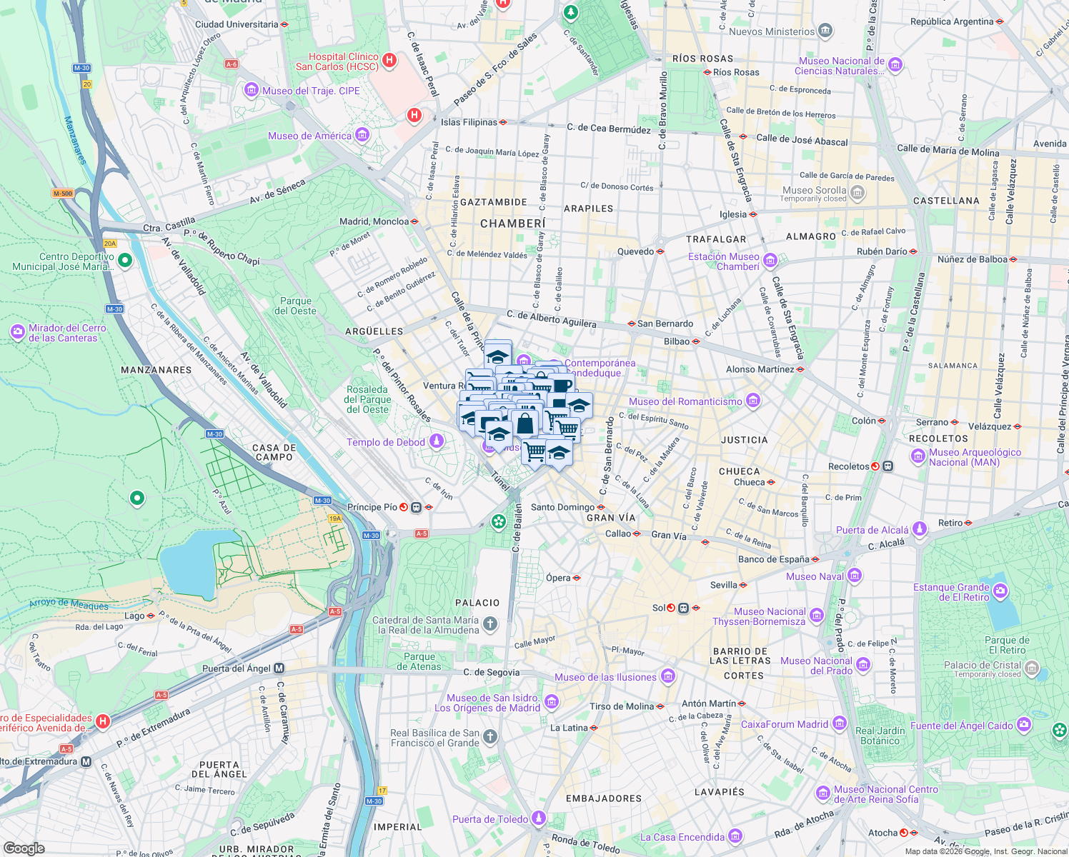 map of restaurants, bars, coffee shops, grocery stores, and more near 3 Calle de la Princesa in Madrid