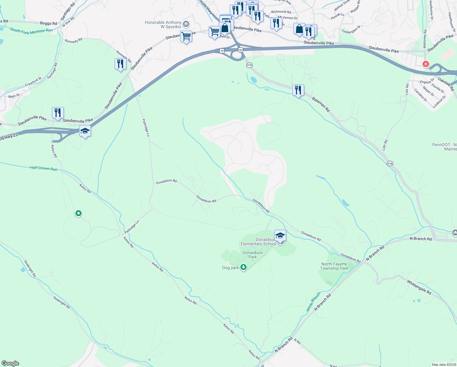map of restaurants, bars, coffee shops, grocery stores, and more near 108 Saddle Ridge Drive in Oakdale