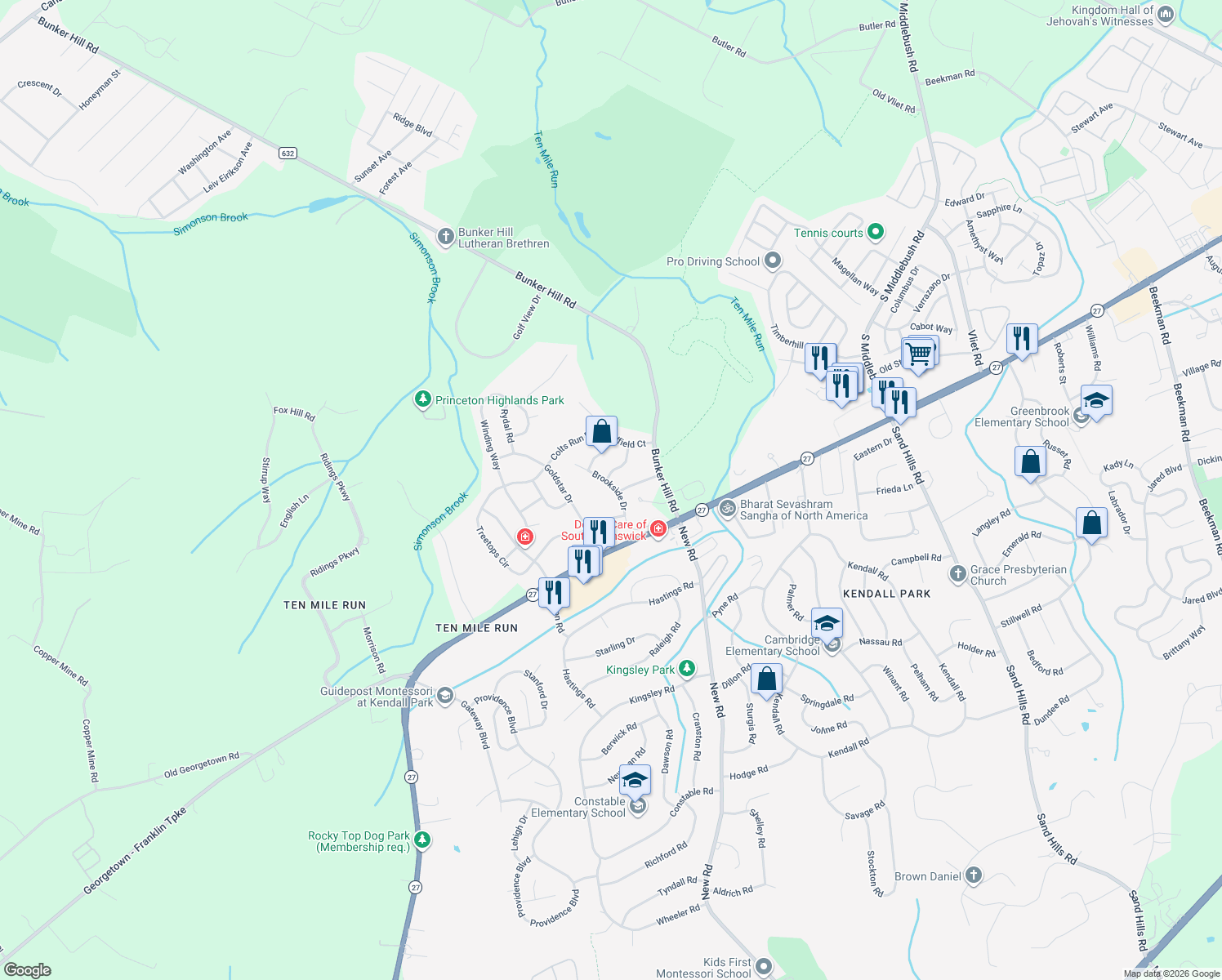 map of restaurants, bars, coffee shops, grocery stores, and more near 17 Brookside Drive in Princeton
