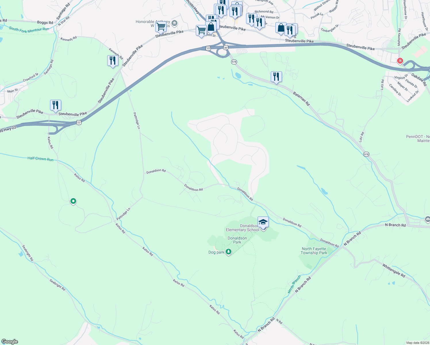 map of restaurants, bars, coffee shops, grocery stores, and more near 108 Saddle Ridge Drive in Oakdale
