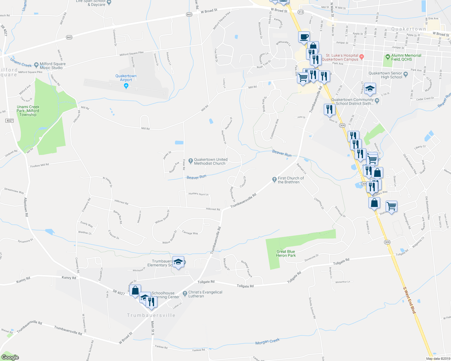 map of restaurants, bars, coffee shops, grocery stores, and more near 1120 Colony Drive in Quakertown