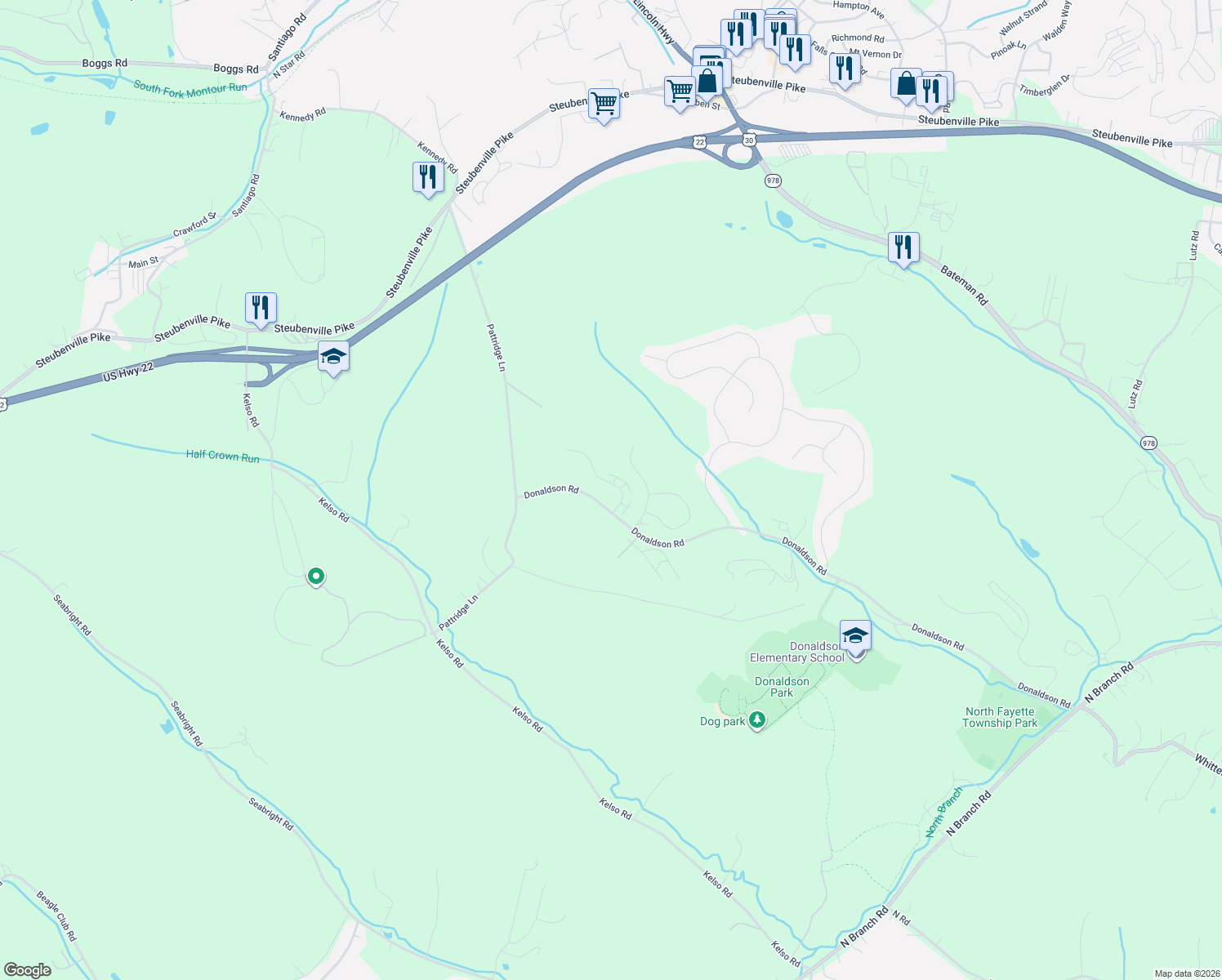 map of restaurants, bars, coffee shops, grocery stores, and more near 504 Raymond Drive in Oakdale