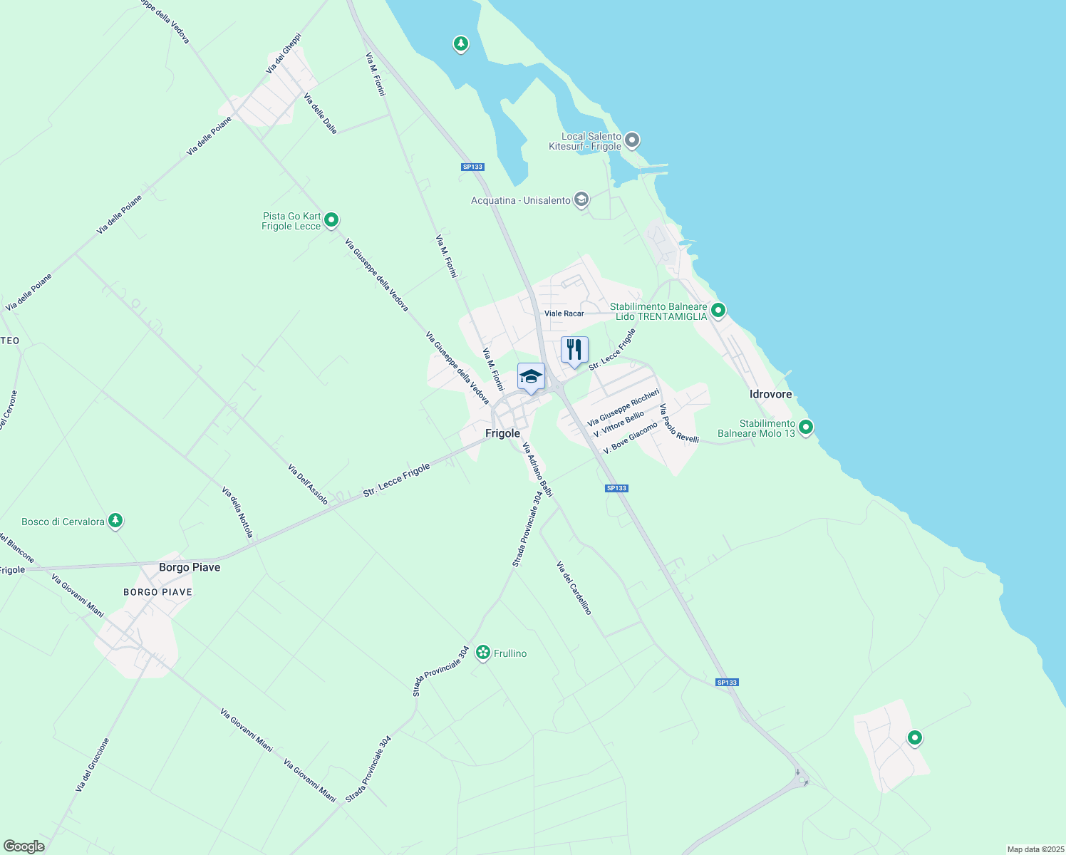 map of restaurants, bars, coffee shops, grocery stores, and more near 10 Via Adriano Balbi in Frigole