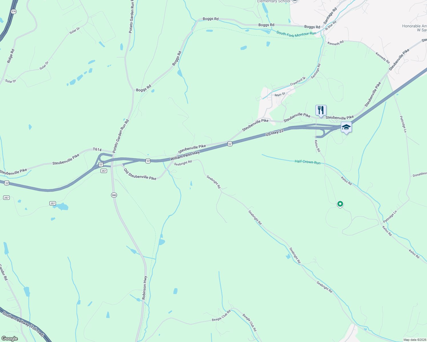 map of restaurants, bars, coffee shops, grocery stores, and more near 575 Seabright Road in Oakdale