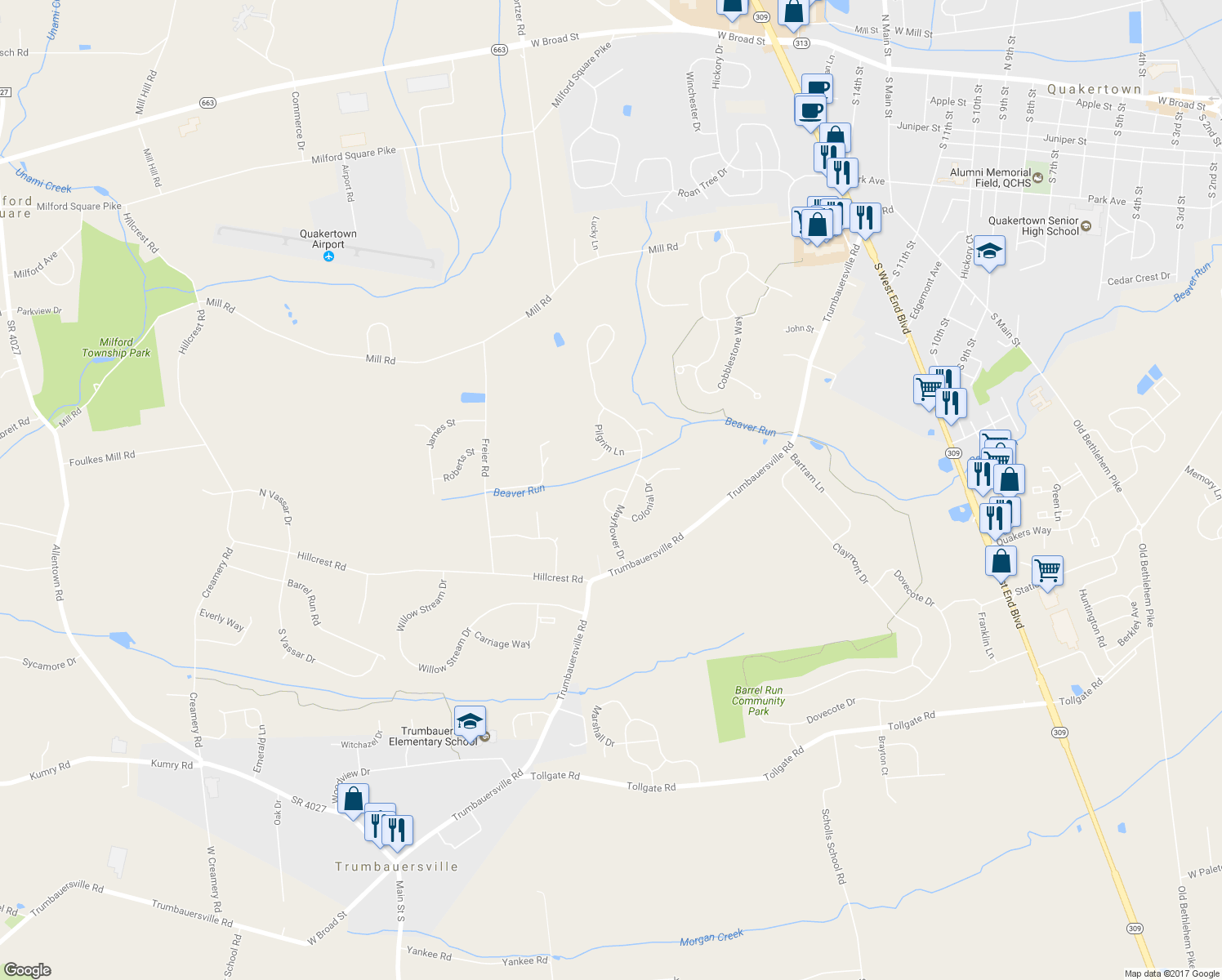 map of restaurants, bars, coffee shops, grocery stores, and more near 1132 Colony Drive in Quakertown