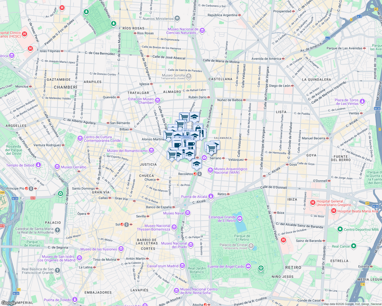 map of restaurants, bars, coffee shops, grocery stores, and more near 27 Calle de Génova in Madrid