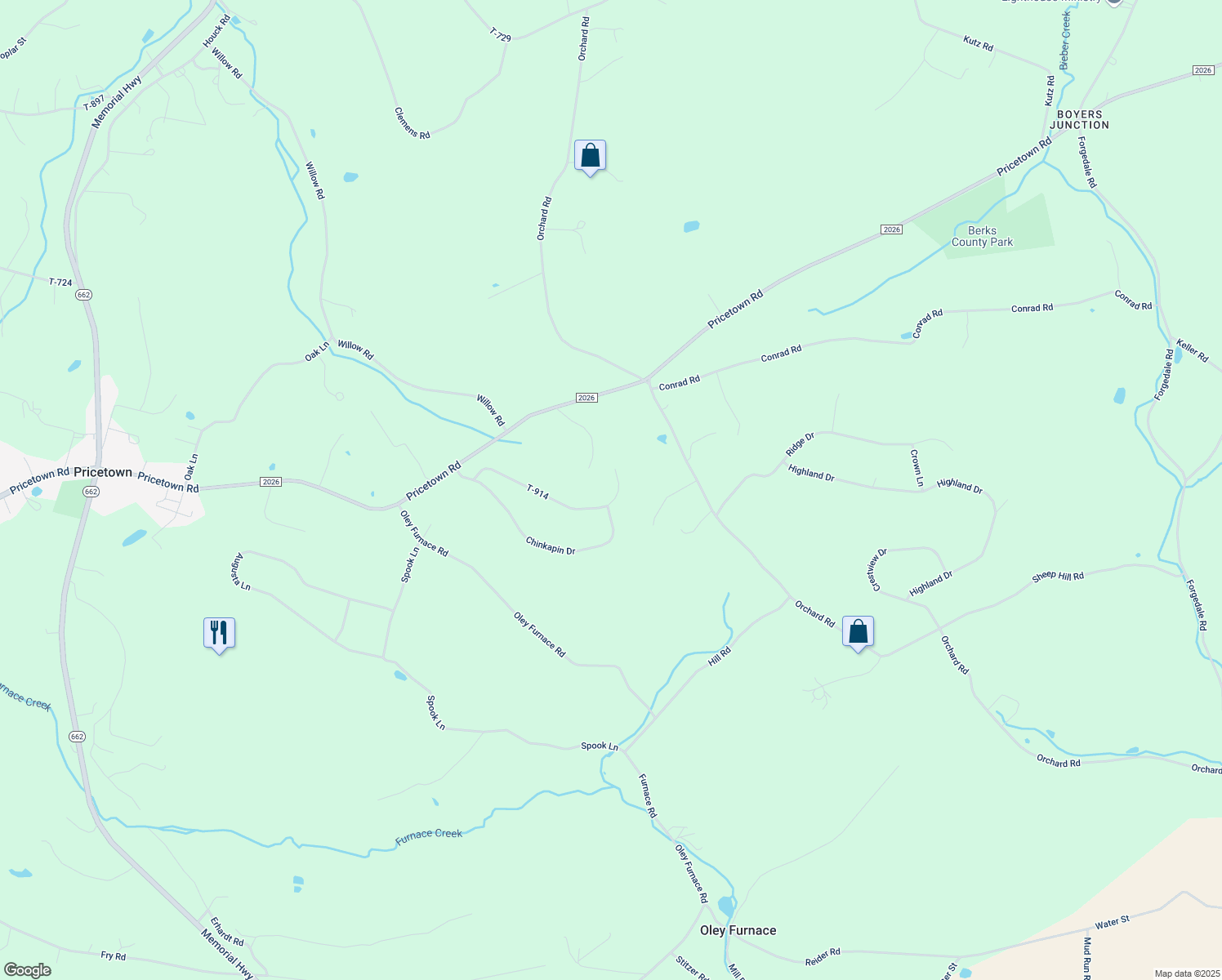 map of restaurants, bars, coffee shops, grocery stores, and more near 23 White Oak Road in Berks County