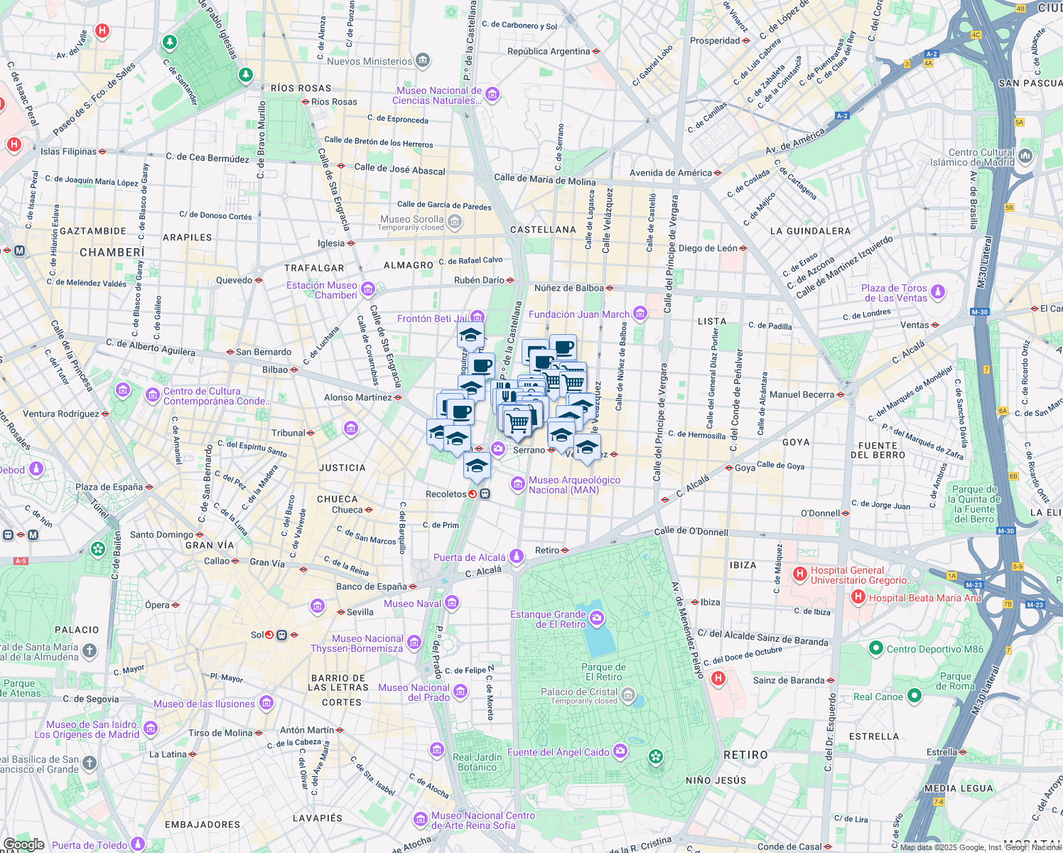 map of restaurants, bars, coffee shops, grocery stores, and more near 23 Calle Serrano in Madrid