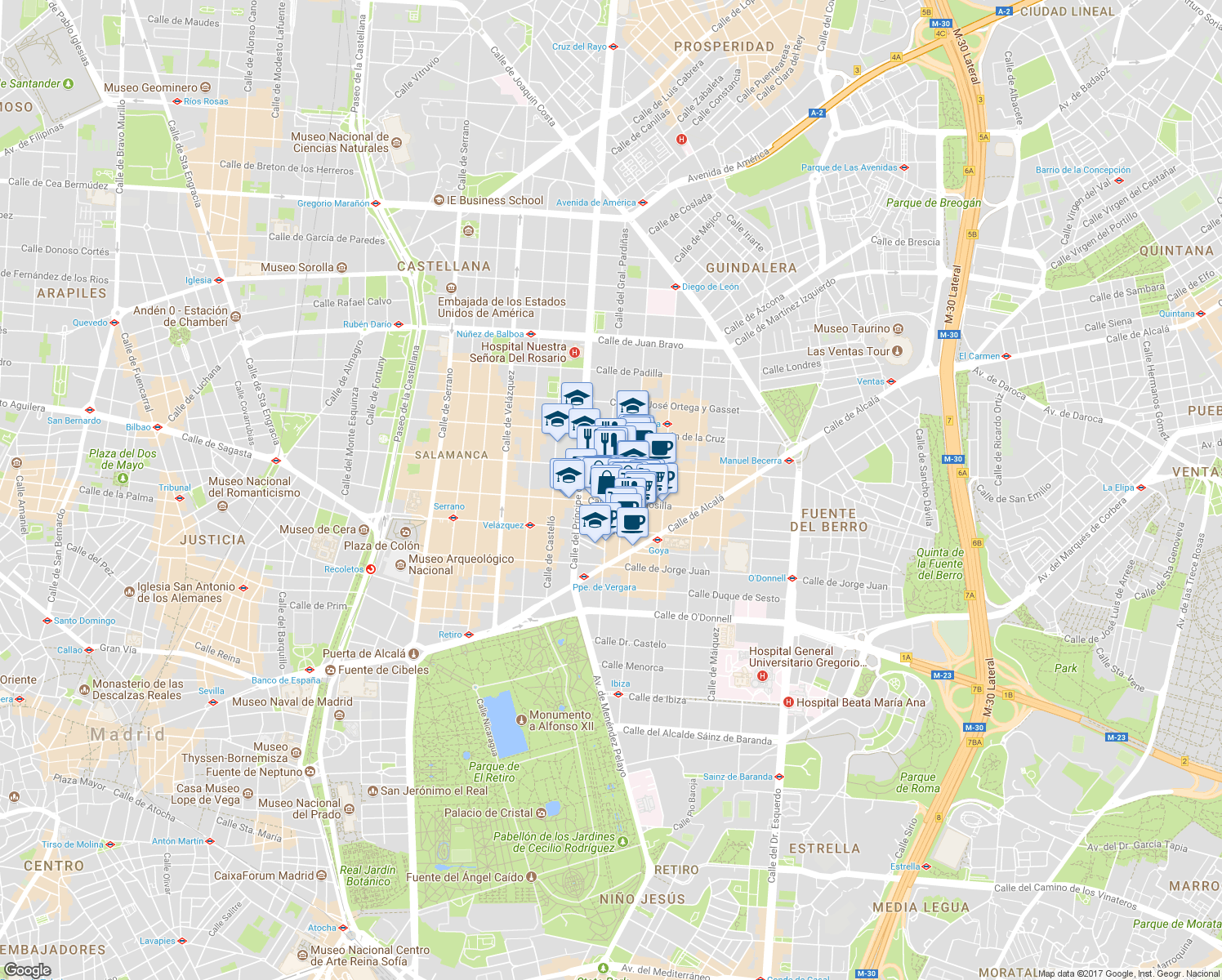 map of restaurants, bars, coffee shops, grocery stores, and more near 32 Calle del General Pardinas in Madrid