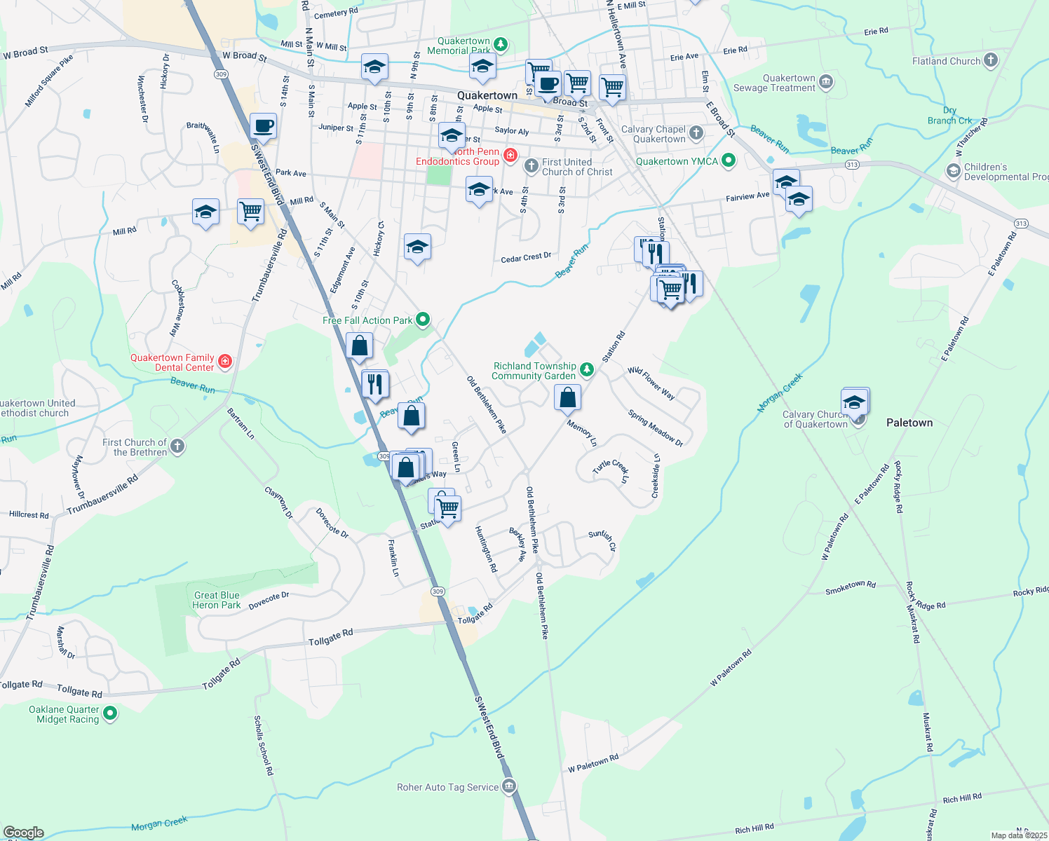 map of restaurants, bars, coffee shops, grocery stores, and more near 1212 Quakers Way in Quakertown