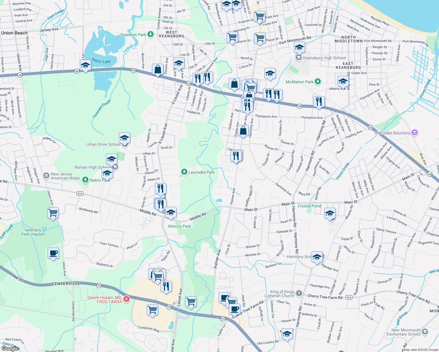 map of restaurants, bars, coffee shops, grocery stores, and more near 30 Stempler Court in Holmdel