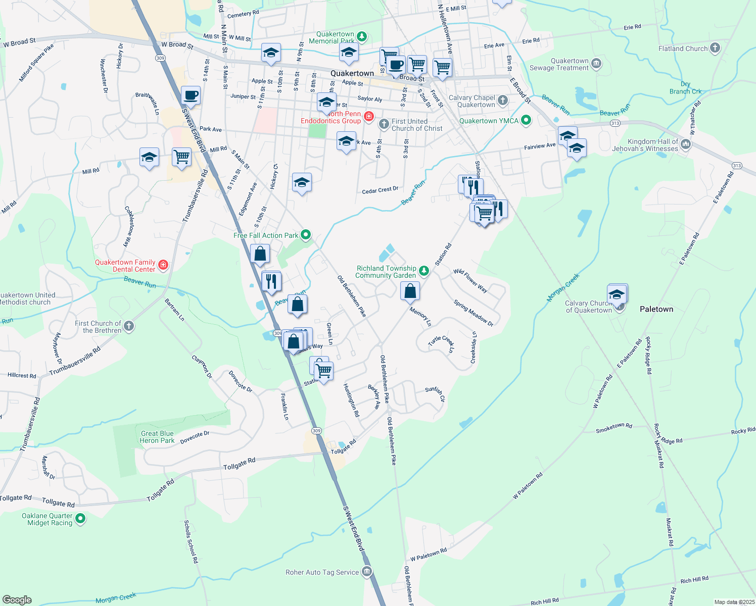 map of restaurants, bars, coffee shops, grocery stores, and more near 1219 Quakers Way in Quakertown