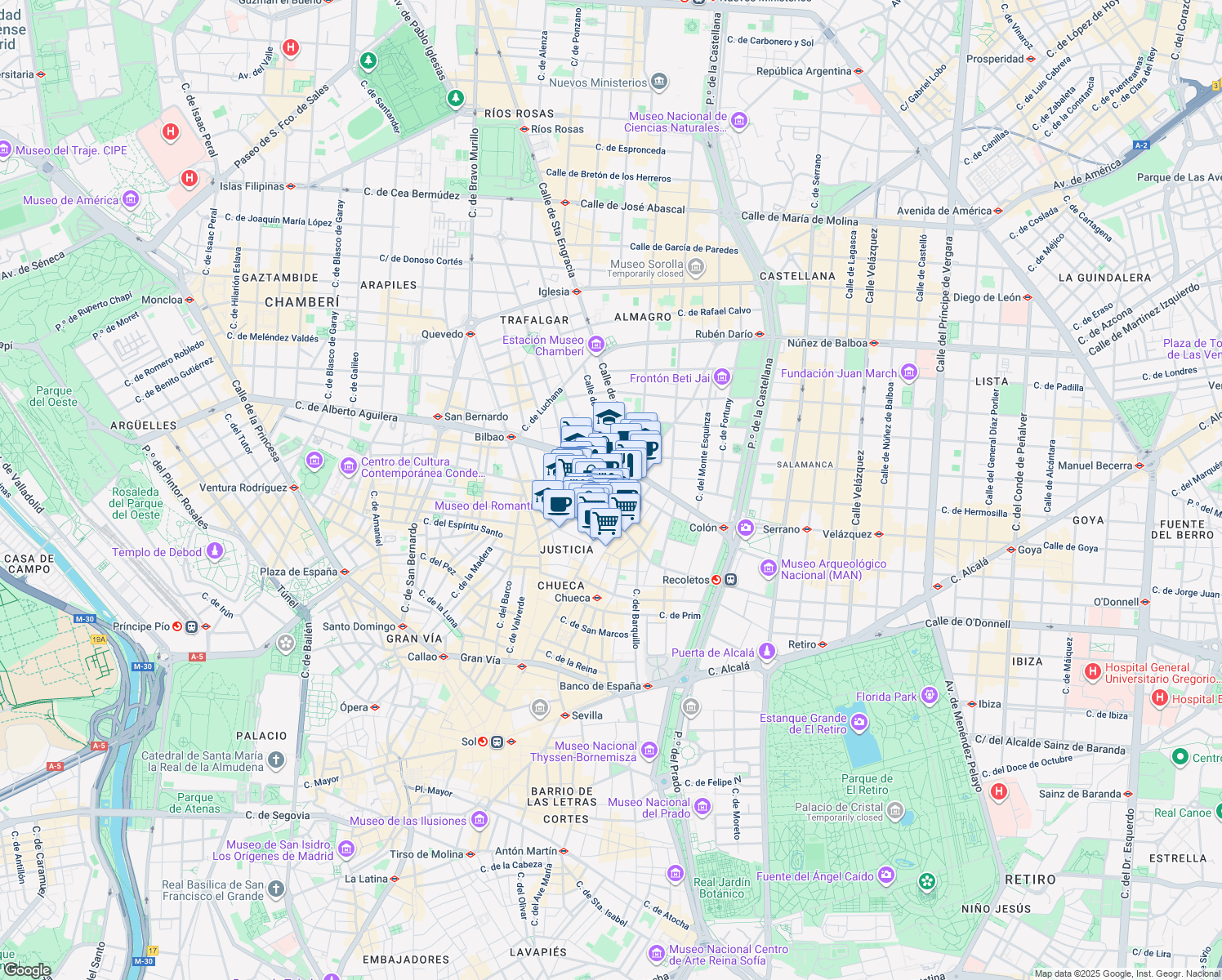 map of restaurants, bars, coffee shops, grocery stores, and more near 1 Plaza de Santa Bárbara in Madrid