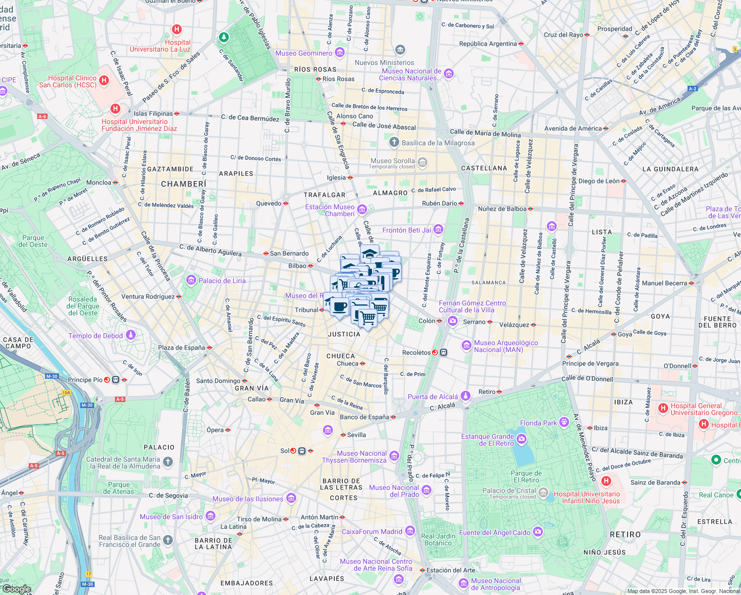 map of restaurants, bars, coffee shops, grocery stores, and more near 1 Plaza de Santa Bárbara in Madrid