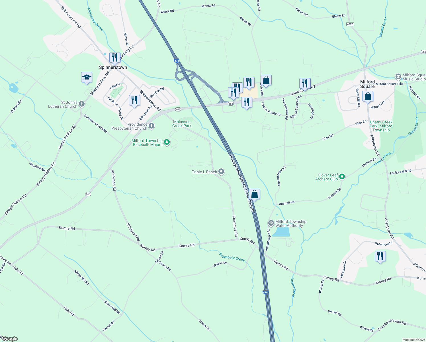 map of restaurants, bars, coffee shops, grocery stores, and more near 2000 Krammes Road in Quakertown