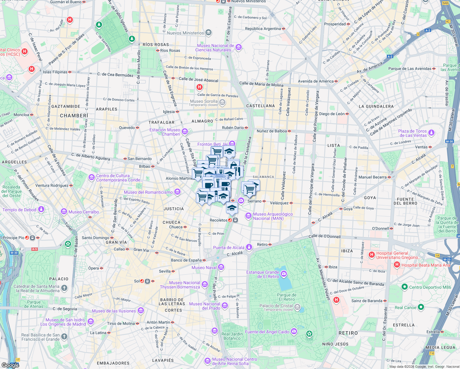 map of restaurants, bars, coffee shops, grocery stores, and more near 5 Calle Amador de los Ríos in Madrid