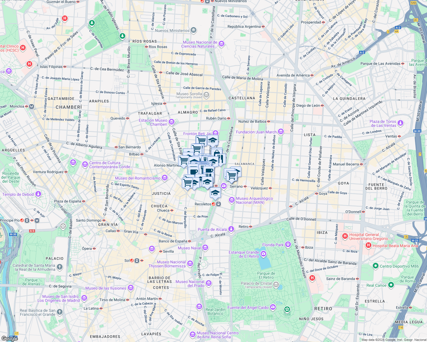 map of restaurants, bars, coffee shops, grocery stores, and more near 5 Calle Amador de los Ríos in Madrid