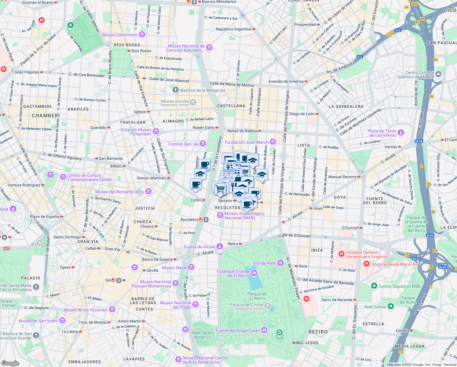map of restaurants, bars, coffee shops, grocery stores, and more near 48 Calle de Serrano in Madrid