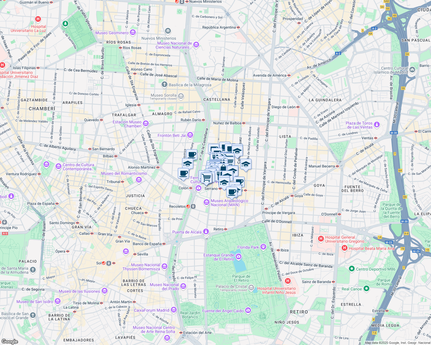 map of restaurants, bars, coffee shops, grocery stores, and more near 48 Calle de Serrano in Madrid