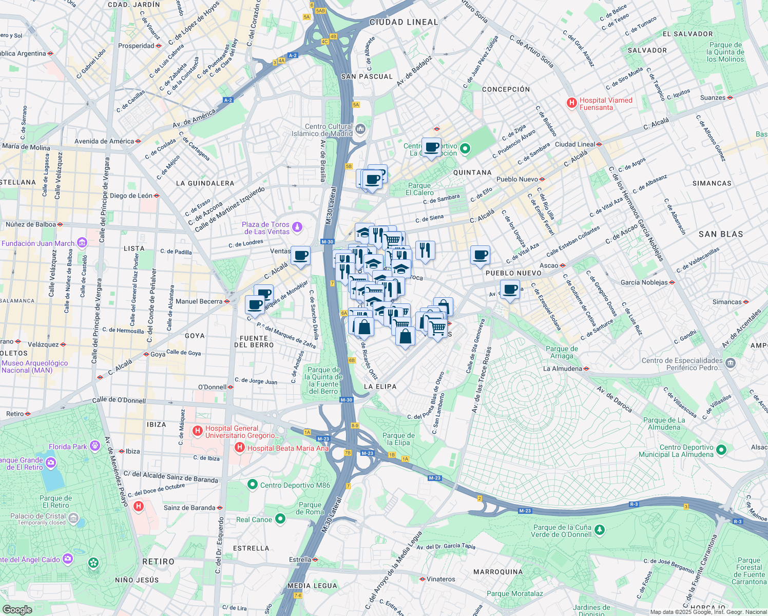 map of restaurants, bars, coffee shops, grocery stores, and more near 22 Calle San Marcelo in Madrid
