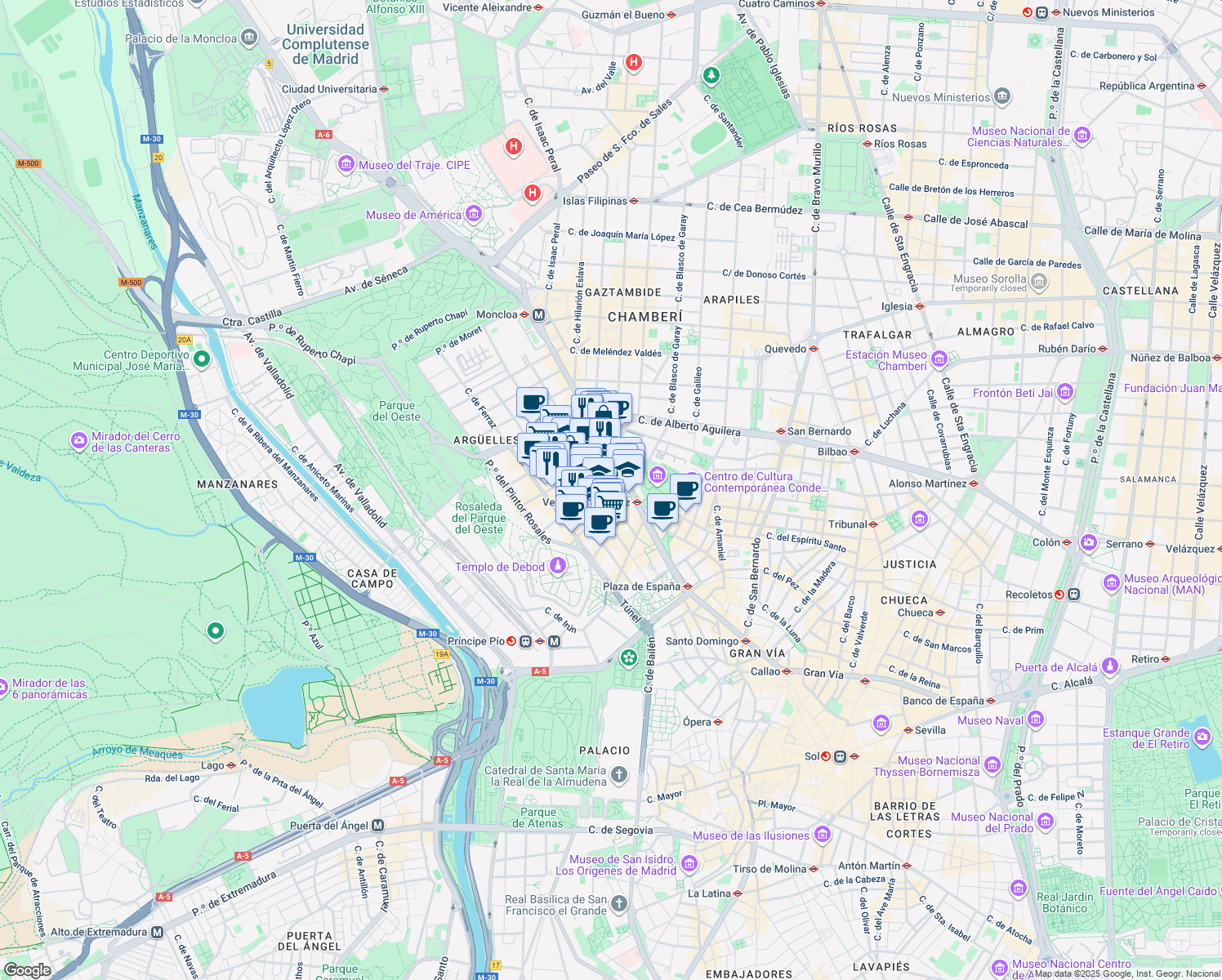 map of restaurants, bars, coffee shops, grocery stores, and more near 16 Calle del Tutor in Madrid