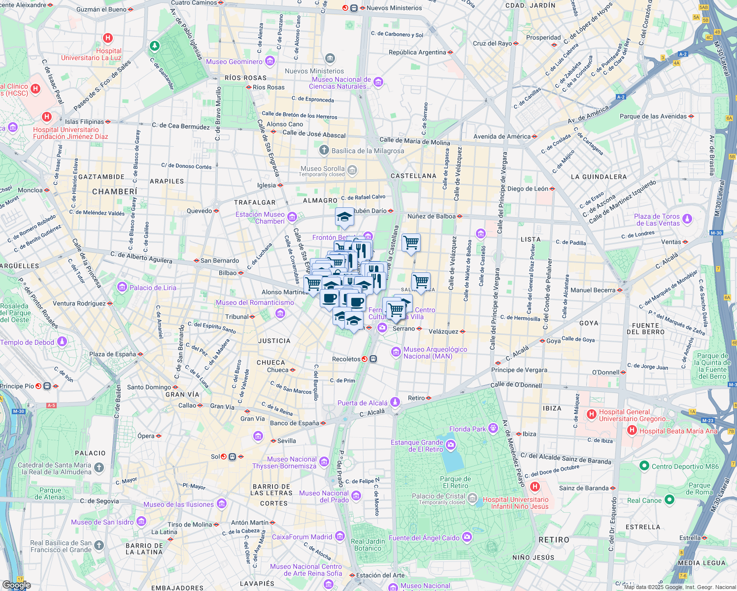 map of restaurants, bars, coffee shops, grocery stores, and more near 6 Calle Amador de los Ríos in Madrid