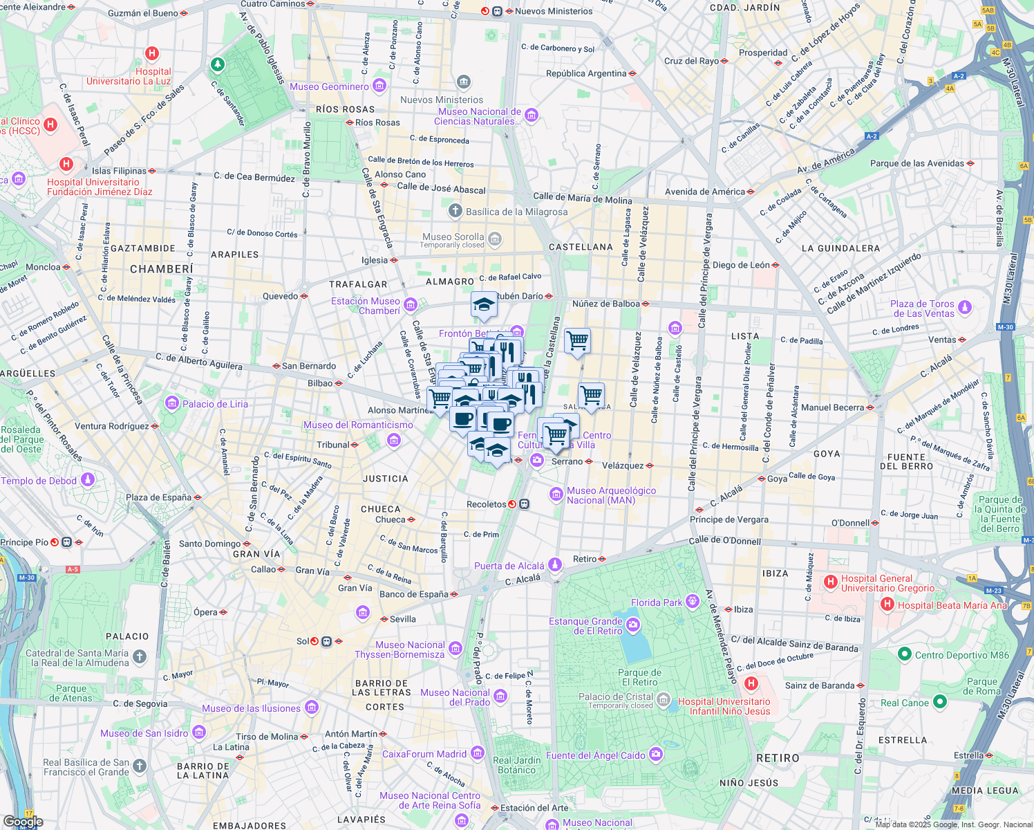 map of restaurants, bars, coffee shops, grocery stores, and more near 6 Calle Amador de los Ríos in Madrid