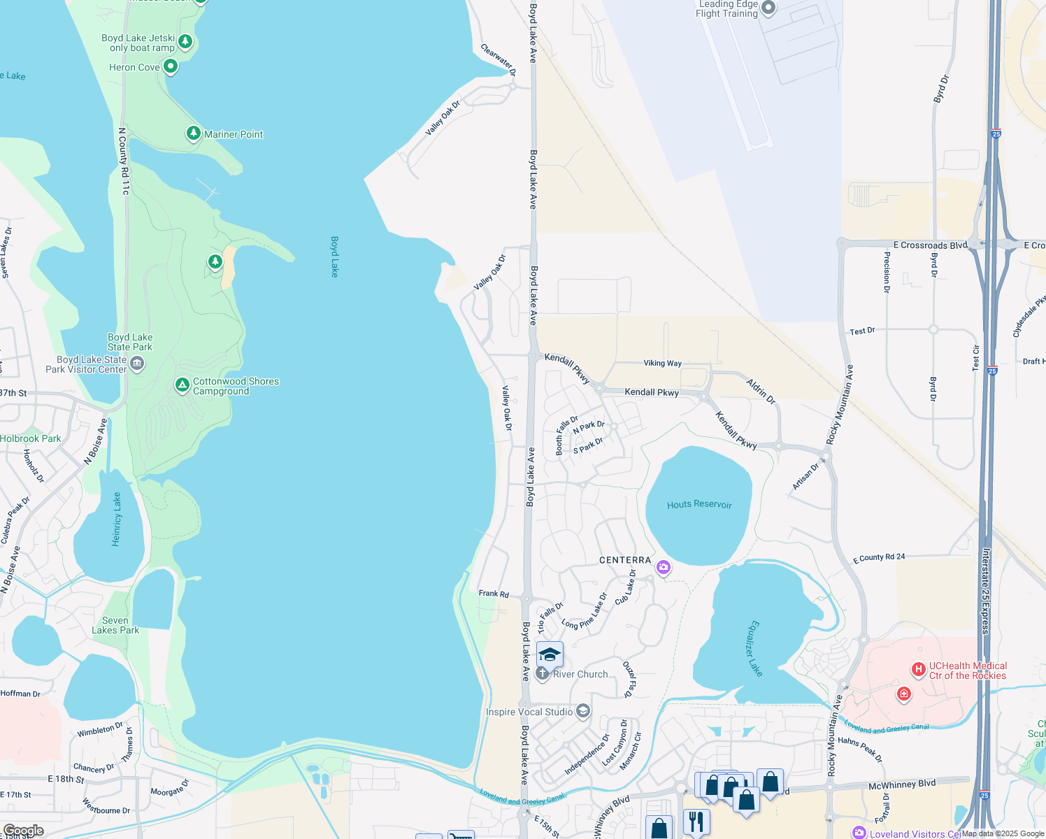 map of restaurants, bars, coffee shops, grocery stores, and more near 3609 Tundra Place in Loveland