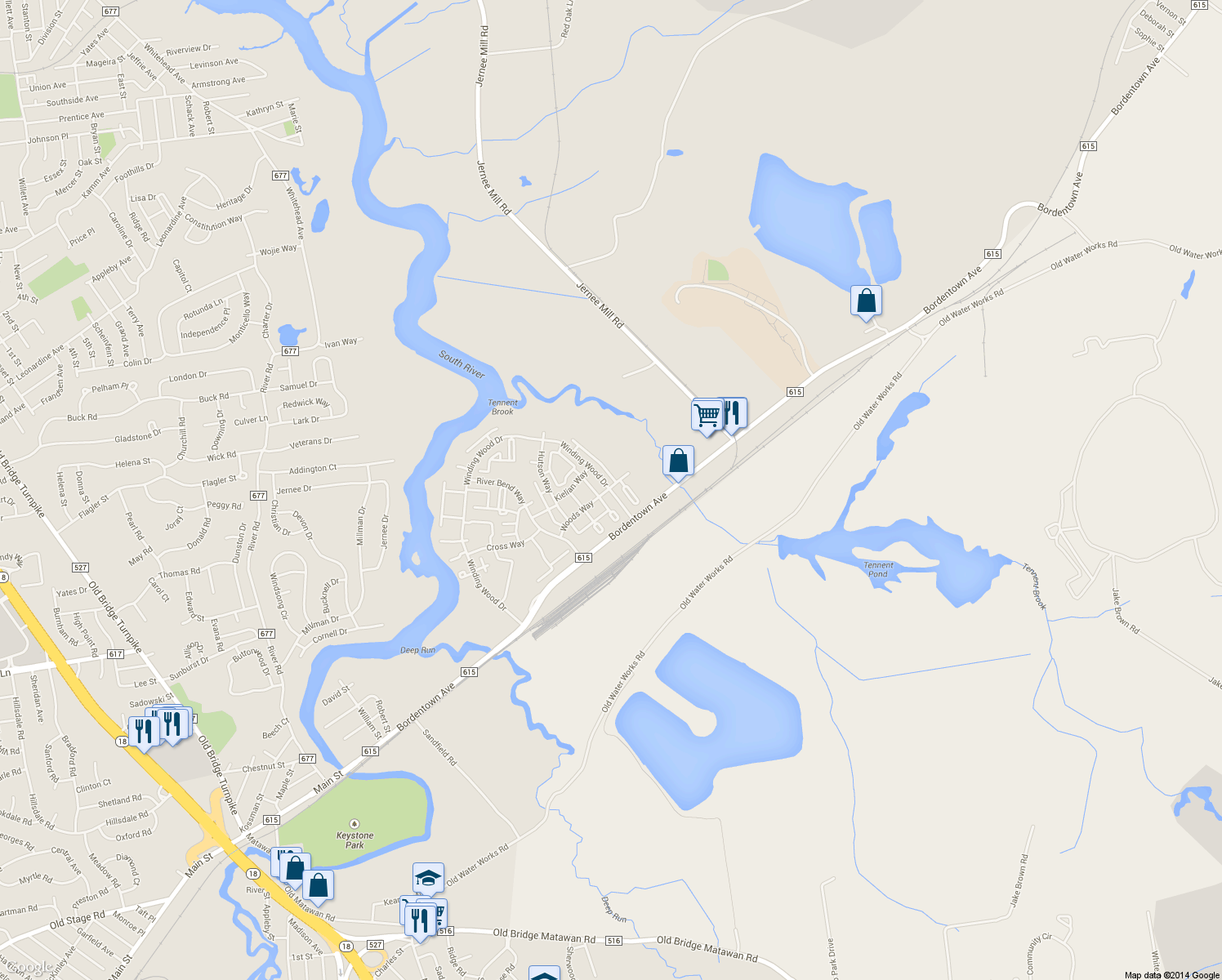 map of restaurants, bars, coffee shops, grocery stores, and more near 180 Winding Wood Drive in Sayreville