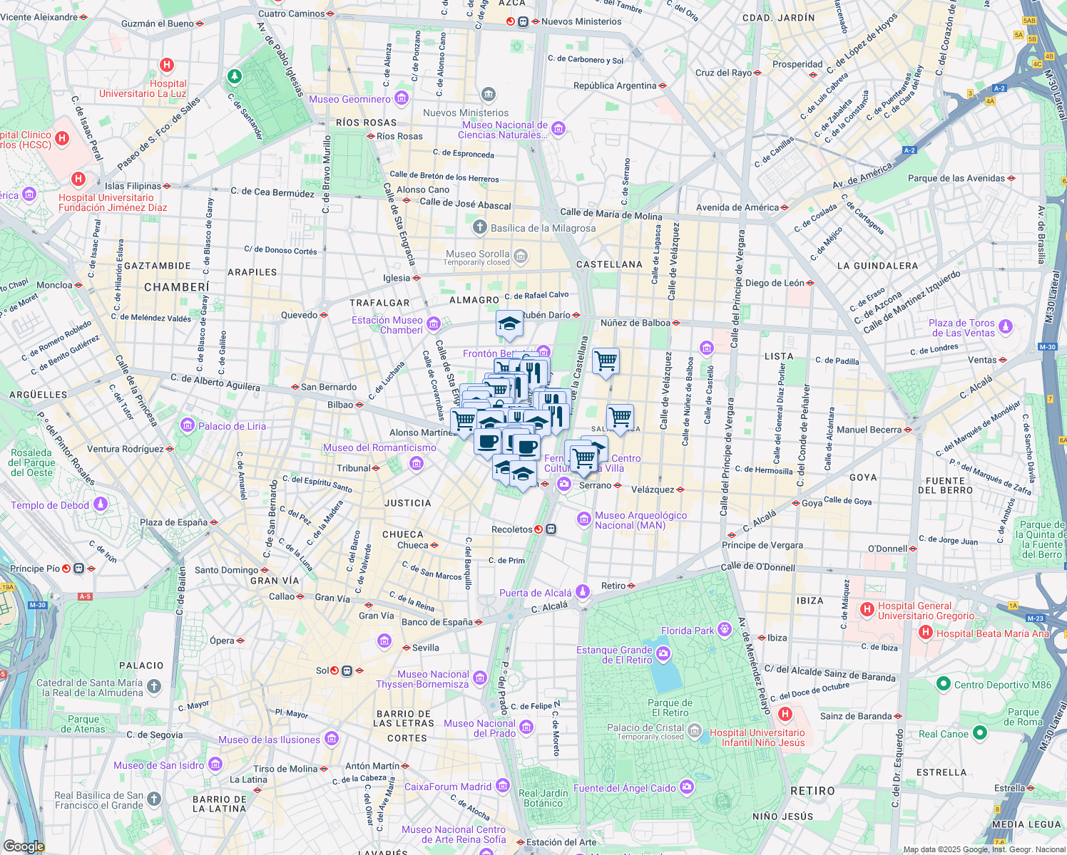 map of restaurants, bars, coffee shops, grocery stores, and more near 20 Calle de Fernando el Santo in Madrid