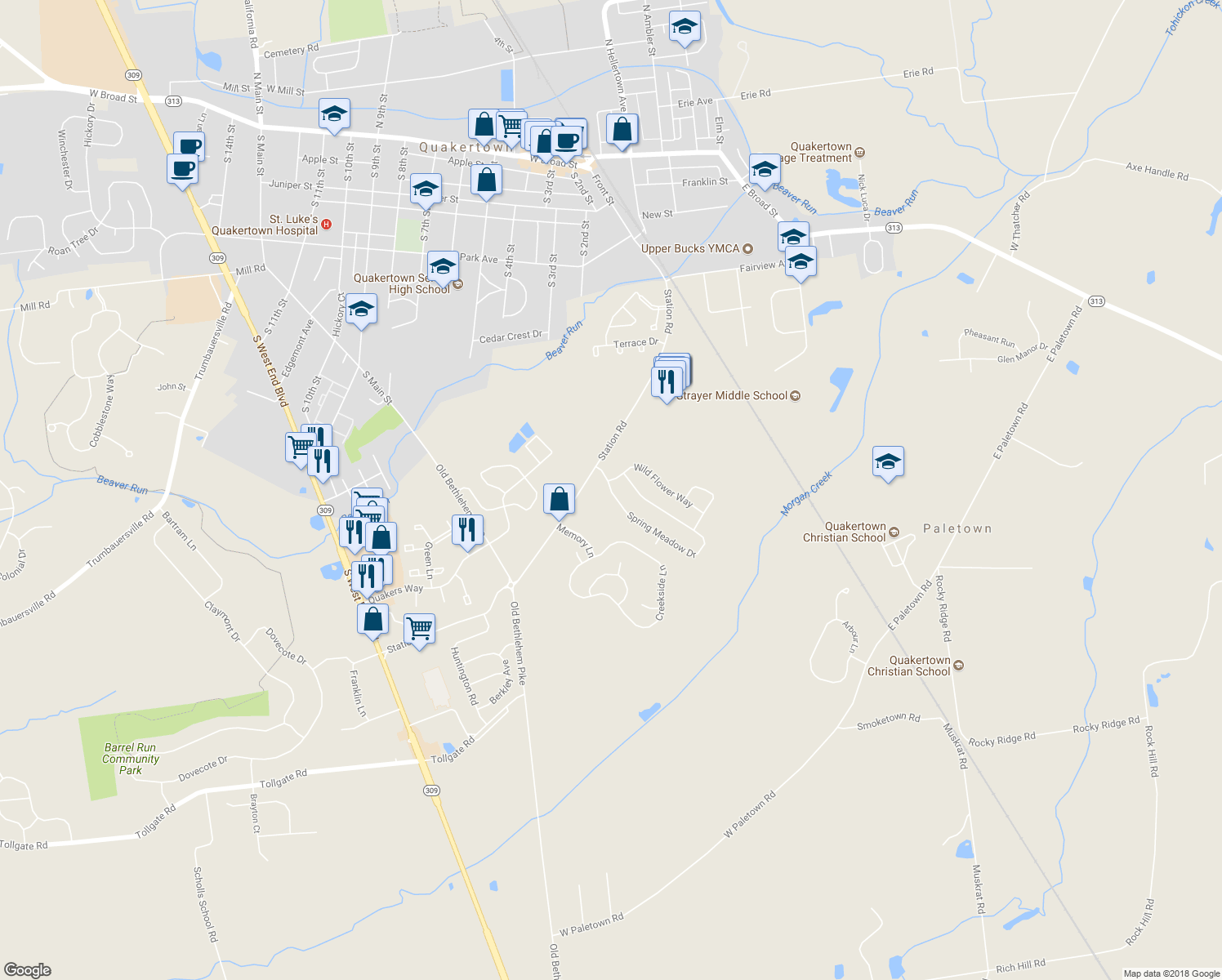 map of restaurants, bars, coffee shops, grocery stores, and more near 1008 Spring Meadow Drive in Quakertown