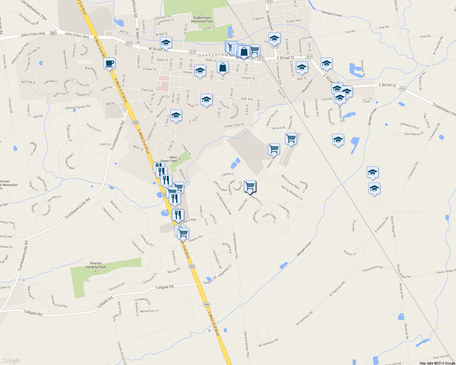 map of restaurants, bars, coffee shops, grocery stores, and more near 1125 Liberty Court in Quakertown
