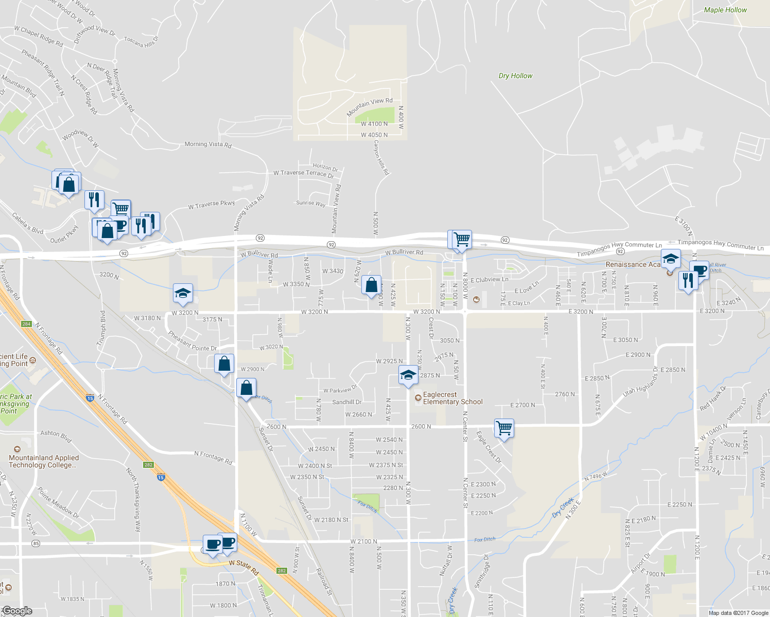 map of restaurants, bars, coffee shops, grocery stores, and more near 3220 North 7200 West in Lehi