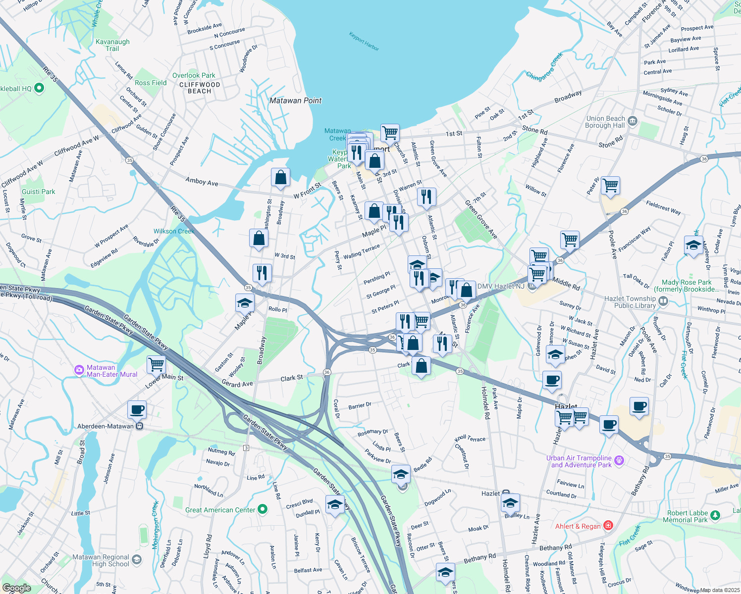 map of restaurants, bars, coffee shops, grocery stores, and more near 25 Saint George Place in Keyport