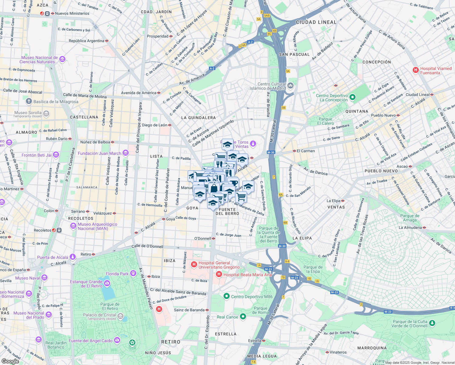 map of restaurants, bars, coffee shops, grocery stores, and more near 5 Calle de Rufino Blanco in Madrid
