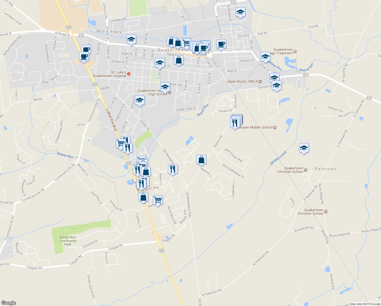 map of restaurants, bars, coffee shops, grocery stores, and more near 1324 Quakers Way in Quakertown